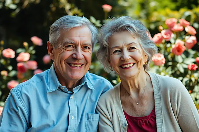 Un homme et une femme d’une soixantaine d’années, joue contre joue, sourient devant des rosiers en fleurs