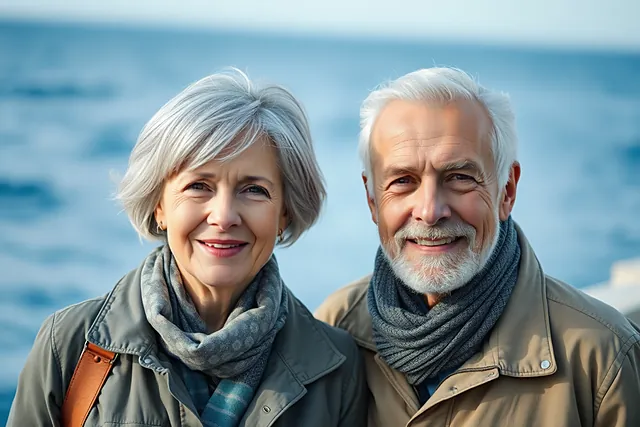 Une femme aux cheveux gris et un homme à la barbe blanche, en écharpes, sourient au bord de la mer