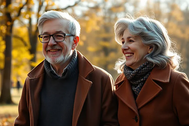 Un homme à lunettes et une femme aux cheveux gris ondulés rient ensemble dans un parc en automne