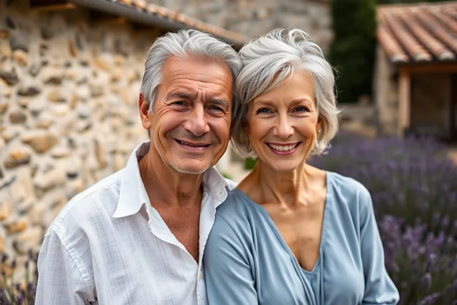 Un couple aux cheveux argentés sourit devant une maison de pierre bordée de lavande