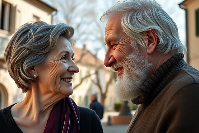 Une femme aux cheveux gris et un homme à la barbe blanche se sourient, de profil, sur une place de village