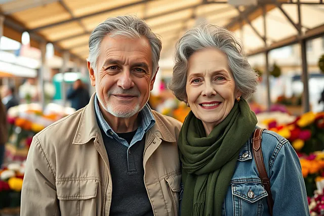 Un homme en blouson beige et une femme en écharpe verte sourient au milieu d’un marché aux fleurs