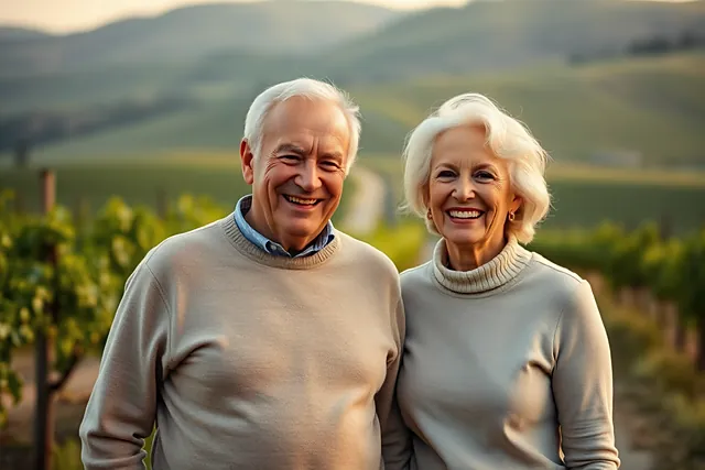 Un homme et une femme aux cheveux blancs, en pulls clairs, sourient sur un chemin entre les vignes