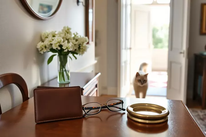 Un portefeuille en cuir brun, des lunettes d’écaille et une coupelle en laiton posés sur une table en bois, un vase de fleurs blanches derrière