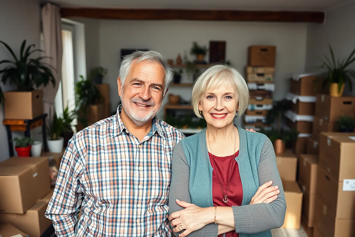Un homme aux cheveux poivre et sel, en chemise à carreaux, et une femme blonde aux cheveux courts, en gilet bleu-vert, sourient au milieu de cartons de déménagement et de plantes