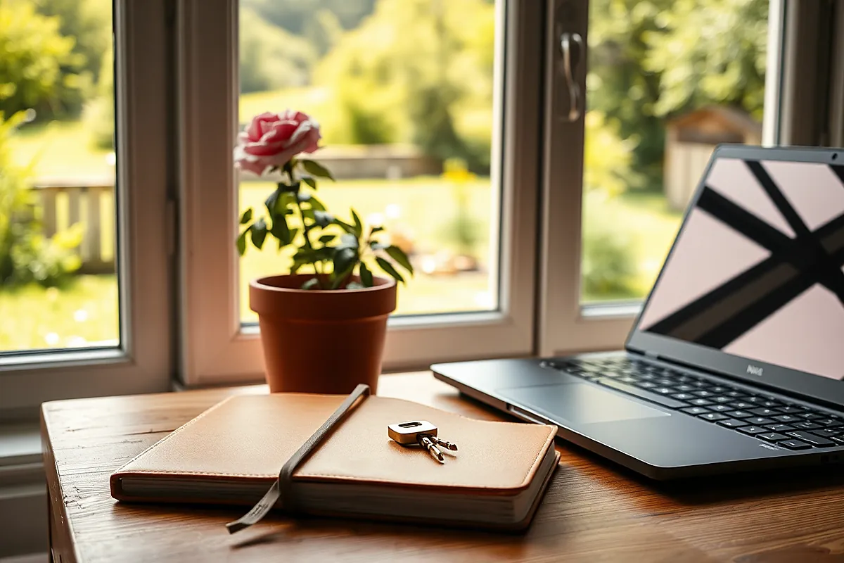 Sur une table en bois près d’une fenêtre, un carnet en cuir, des clés et un ordinateur portable, avec un rosier en pot devant un jardin