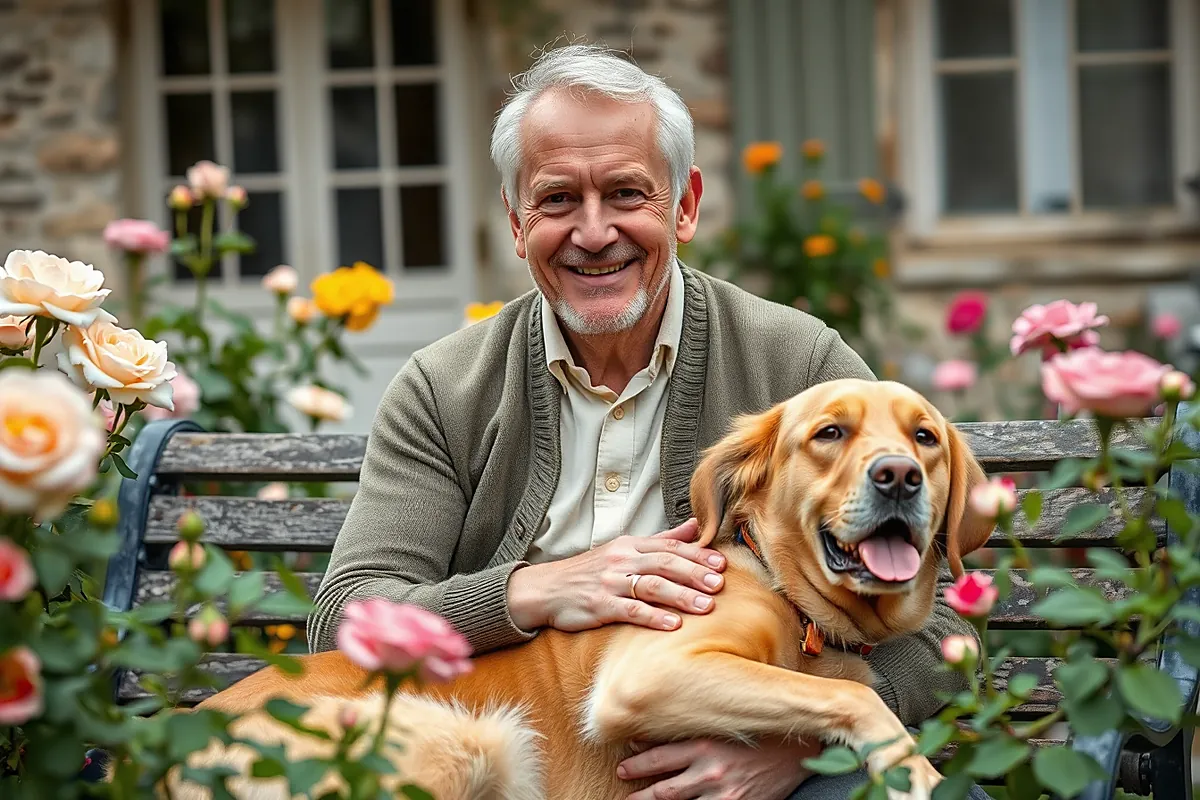 Un homme d’une soixantaine d’années, en gilet vert, sourit sur un banc de jardin parmi des rosiers, une main posée sur un chien retriever