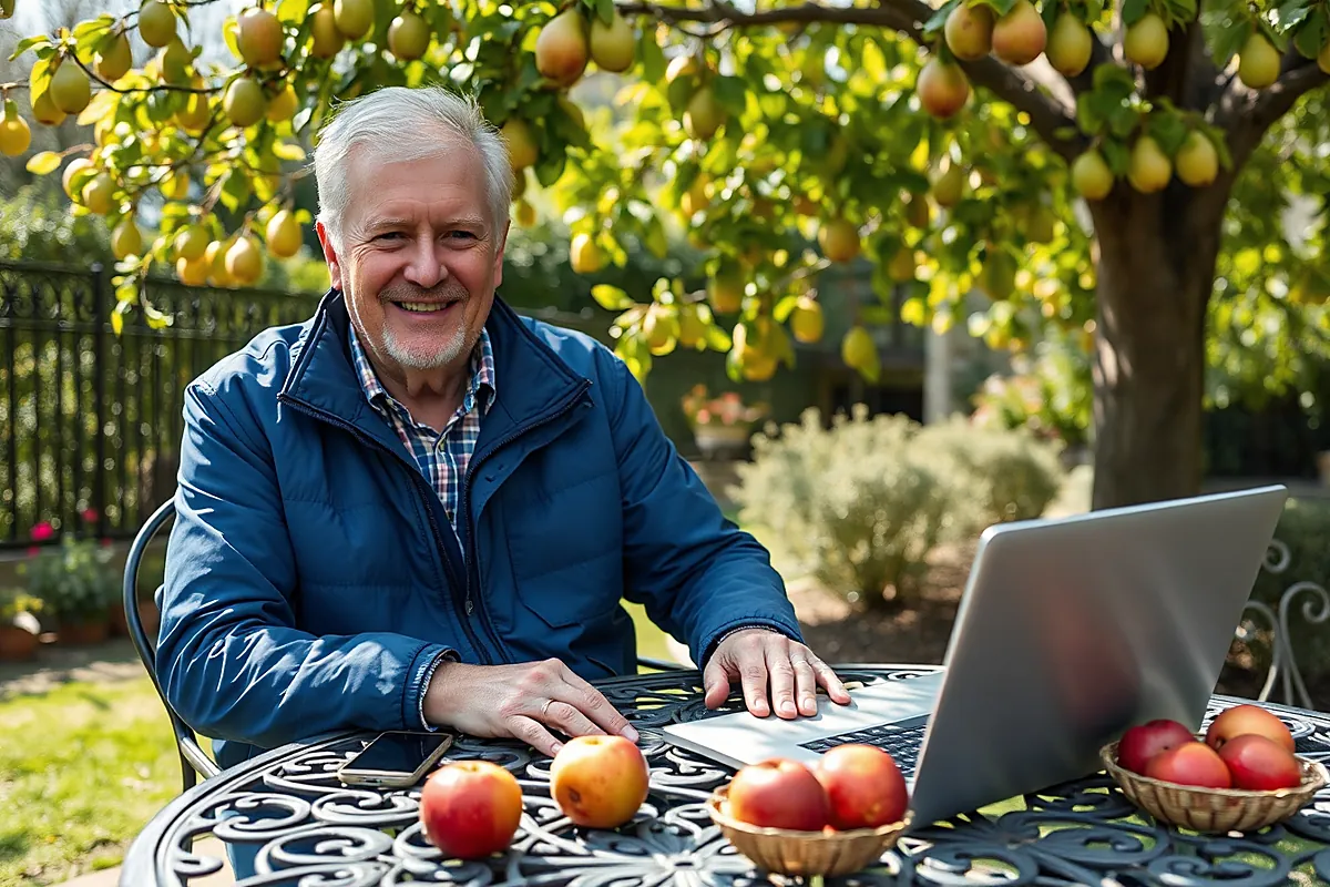 Un homme d’une soixantaine d’années, cheveux gris et veste bleue, sourit à une table de jardin avec un ordinateur portable, un téléphone et des pommes