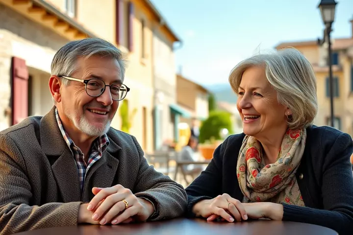 Un homme à lunettes rondes en veste de tweed et une femme aux cheveux argentés se sourient, mains posées sur la table d’une terrasse ensoleillée