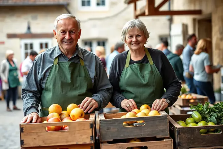 Un homme et une femme d’une soixantaine d’années, en tabliers verts, souriants derrière des caisses de pommes dans une cour, des bénévoles flous derrière eux