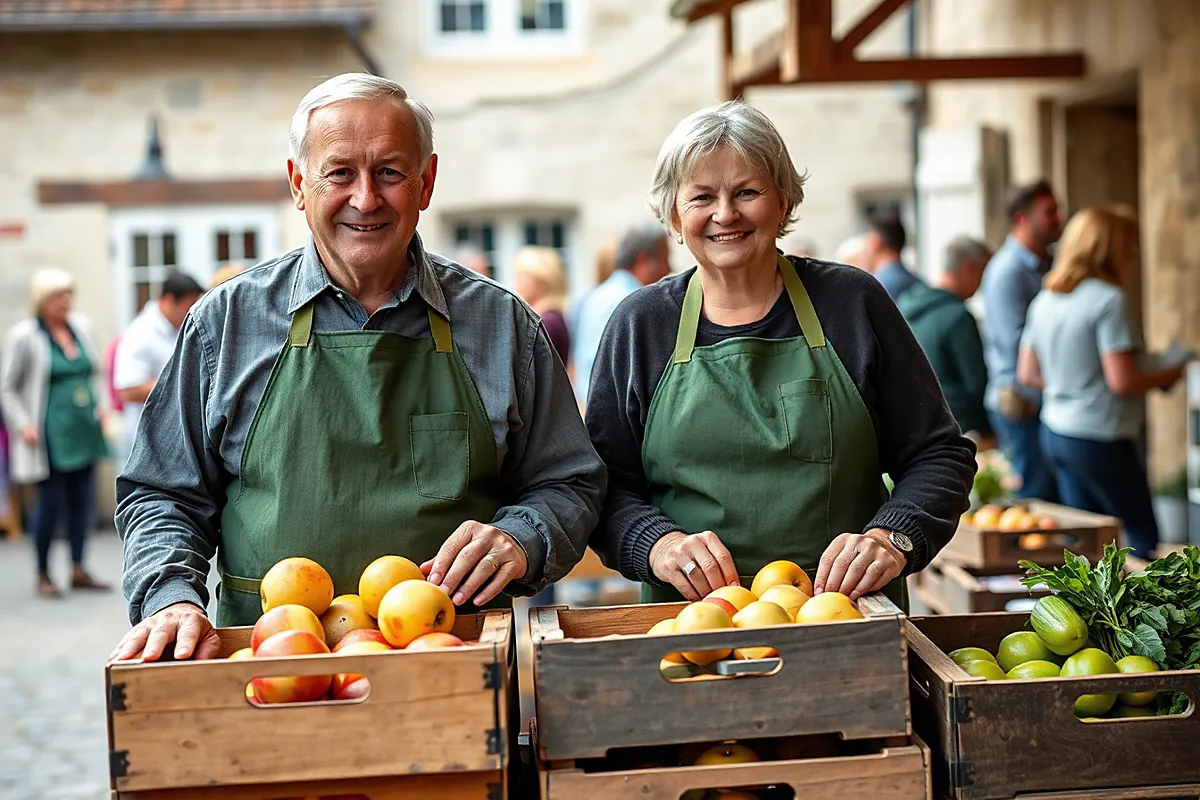 Un homme et une femme d’une soixantaine d’années, en tabliers verts, souriants derrière des caisses de pommes dans une cour, des bénévoles flous derrière eux