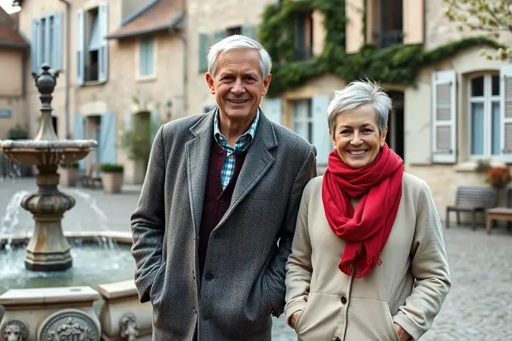 Un homme en manteau gris et une femme à l’écharpe rouge, tous deux aux cheveux argentés, sourient près d’une fontaine de village