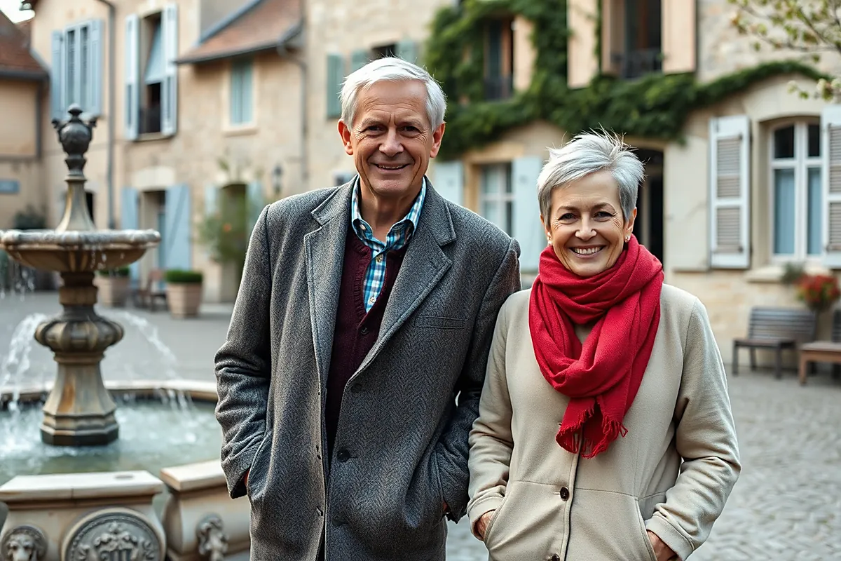 Un homme en manteau gris et une femme à l’écharpe rouge, tous deux aux cheveux argentés, sourient près d’une fontaine de village