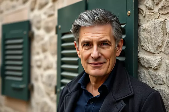 Un homme d’une soixantaine d’années aux cheveux gris, en veste sombre, sourit légèrement devant un mur de pierre et des volets verts