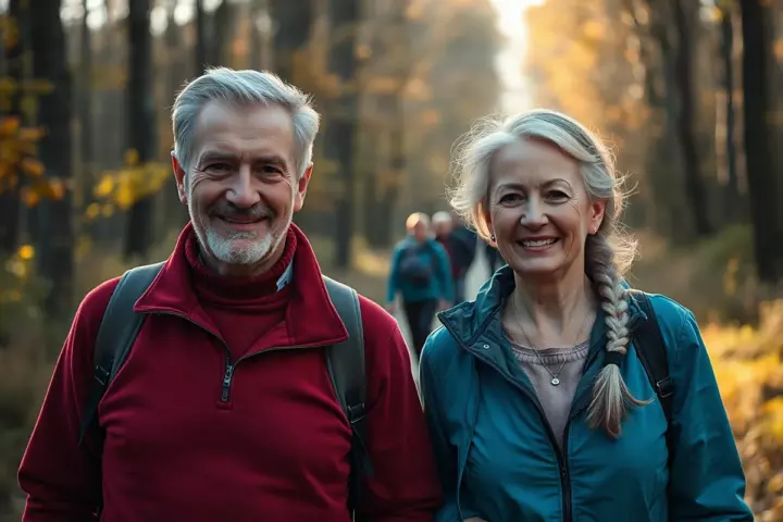 Un homme en polaire rouge et une femme à la tresse argentée, veste turquoise, sourient avec des sacs à dos dans une forêt en automne