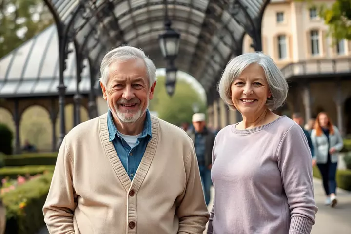 Un homme aux cheveux gris et à la barbe courte, en gilet beige, et une femme au carré argenté, en pull lilas, souriants sous une galerie de verre et de fer forgé