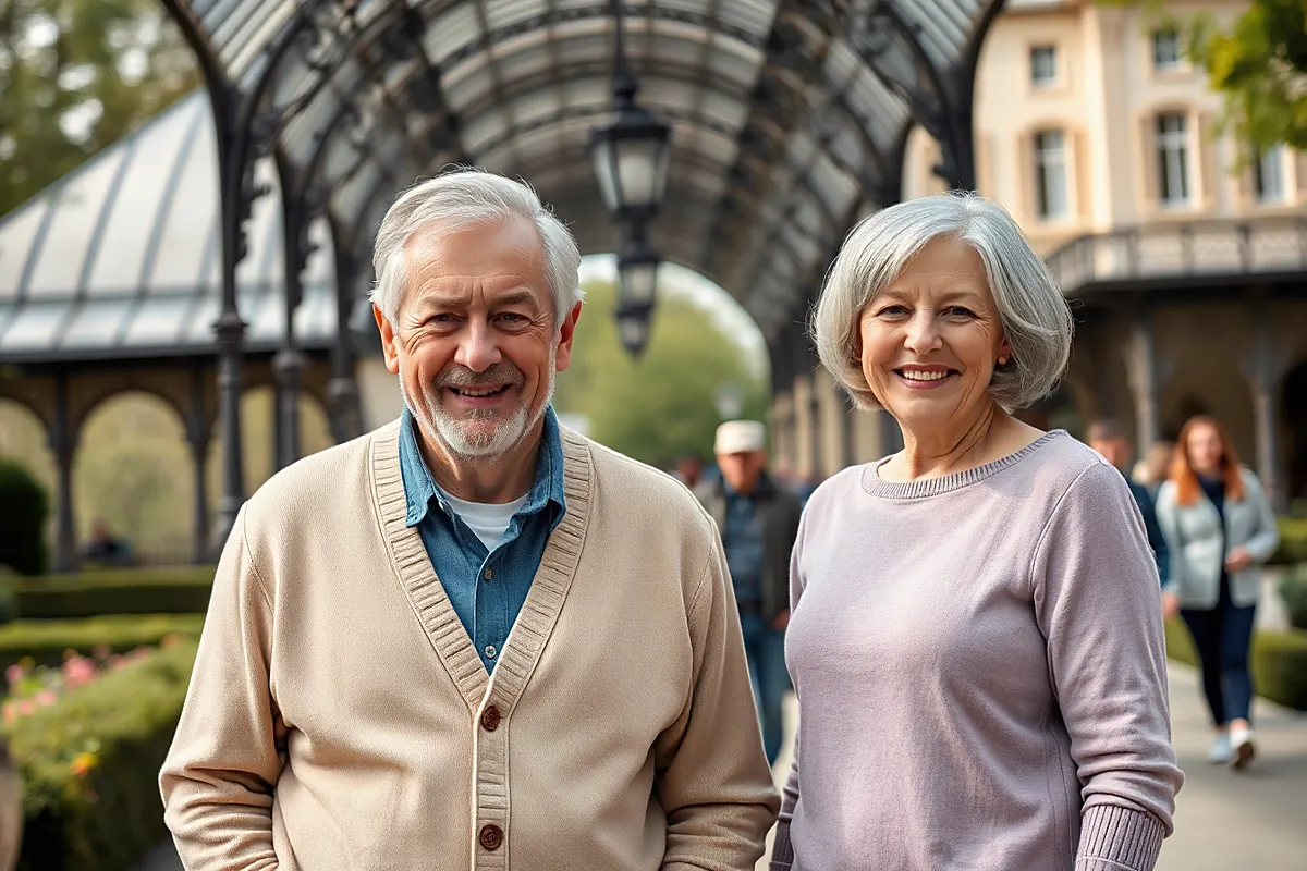 Un homme aux cheveux gris et à la barbe courte, en gilet beige, et une femme au carré argenté, en pull lilas, souriants sous une galerie de verre et de fer forgé