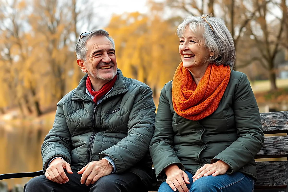Un homme et une femme aux cheveux gris, d’une soixantaine d’années, en vestes vertes et foulards colorés, rient assis sur un banc en automne