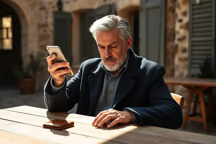Un homme aux cheveux argentés et à la barbe courte, en manteau sombre, regarde son téléphone d’un air sérieux à une table en bois dans une cour de pierre