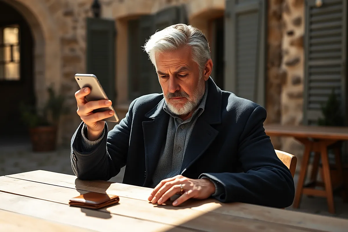 Un homme aux cheveux argentés et à la barbe courte, en manteau sombre, regarde son téléphone d’un air sérieux à une table en bois dans une cour de pierre
