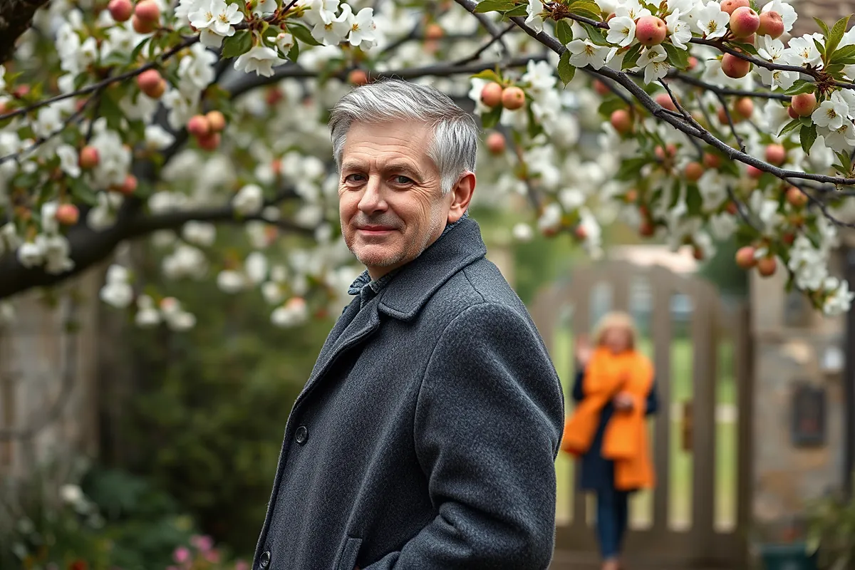 Un homme aux cheveux gris en manteau sombre sourit légèrement sous un pommier en fleurs, une femme à l’écharpe orange se tient au loin