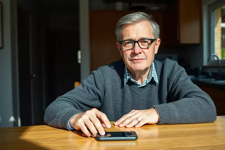 Un homme d’une soixantaine d’années, cheveux gris et lunettes rectangulaires, en pull gris, est assis à une table de cuisine ensoleillée près d’un téléphone posé devant lui