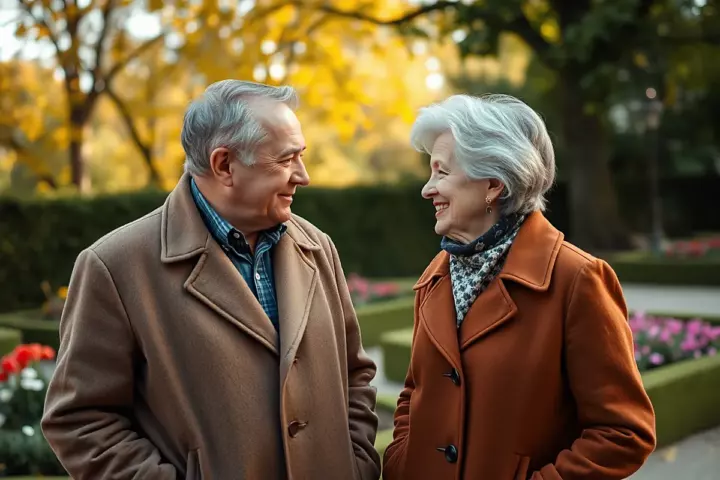 Un homme et une femme aux cheveux gris, en manteaux d’automne brun et roux, se sourient face à face dans un jardin public fleuri