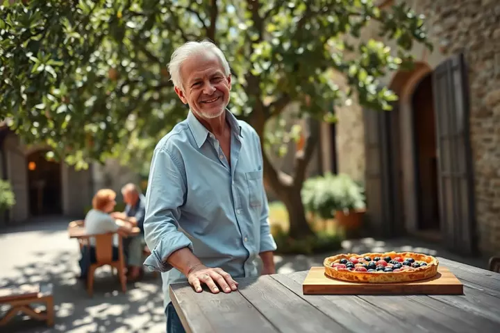 Un homme d’une soixantaine d’années aux cheveux blancs et chemise bleue sourit, la main sur une table de cour où repose une tarte aux fruits