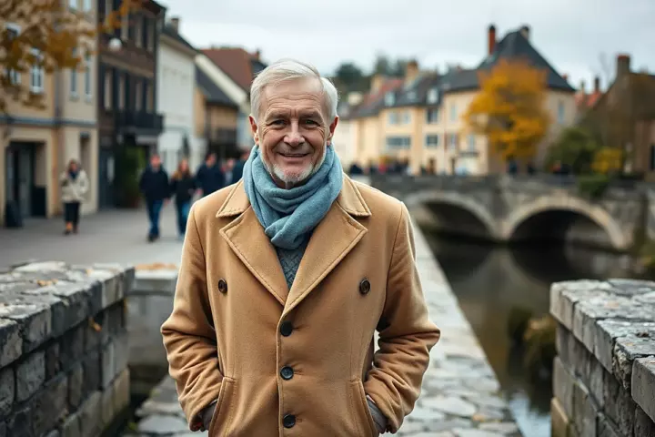 Un homme d’une soixantaine d’années, cheveux blancs, en manteau camel et écharpe bleue, sourit sur un pont de pierre au bord d’une rivière en automne