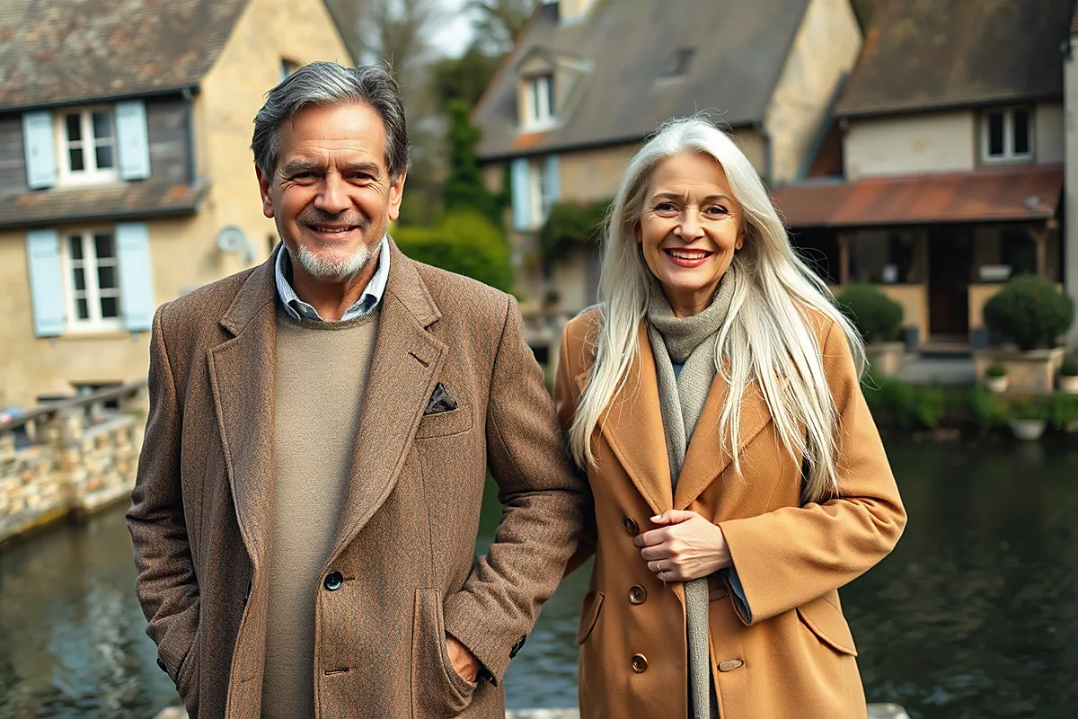 Un homme et une femme d’une soixantaine d’années, en manteaux, sourient au bord d’une rivière devant des maisons de pierre, elle a de longs cheveux blancs