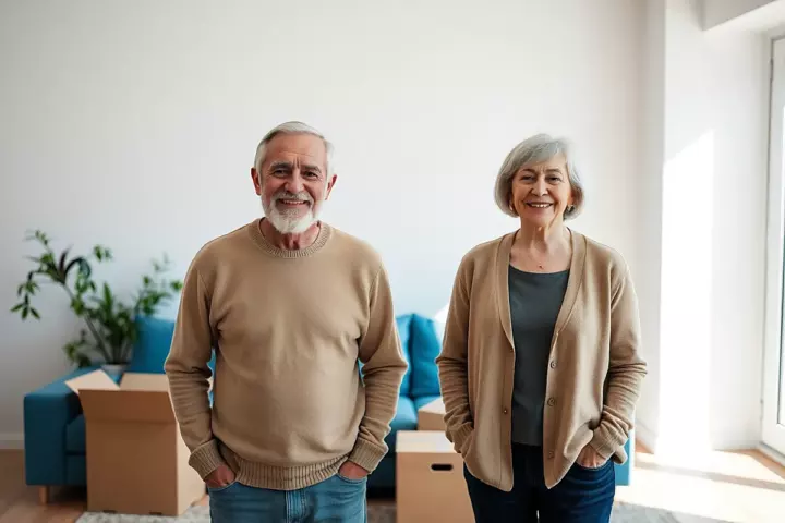 Un homme à barbe blanche en pull beige et une femme au carré gris en gilet se tiennent dans un salon lumineux avec des cartons