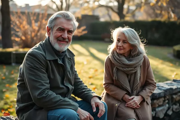 Un homme à barbe grise en veste verte et une femme aux cheveux gris longs en manteau et écharpe, assis dans un jardin d’automne