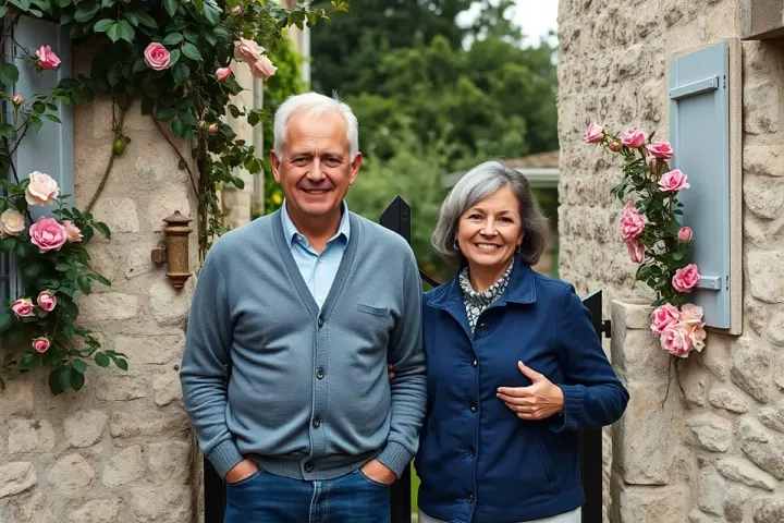 Un homme aux cheveux blancs, en gilet gris, et une femme aux cheveux gris, en veste bleu marine, sourient ensemble devant des murs en pierre couverts de rosiers
