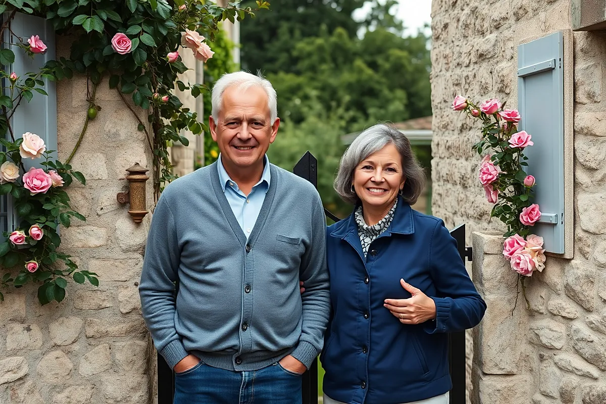 Un homme aux cheveux blancs, en gilet gris, et une femme aux cheveux gris, en veste bleu marine, sourient ensemble devant des murs en pierre couverts de rosiers