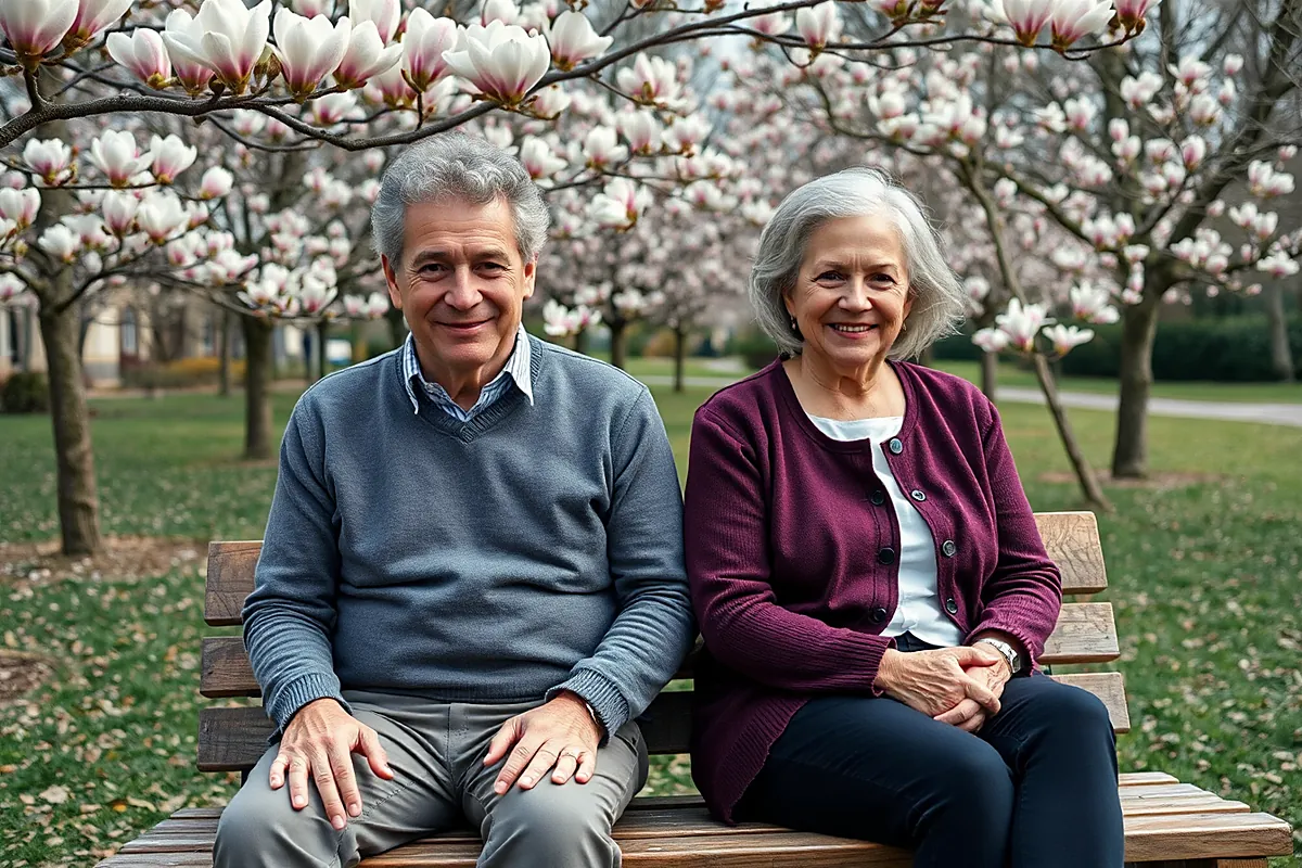 Un homme en pull gris et une femme en gilet prune, tous deux aux cheveux gris, sourient assis sur un banc dans un parc de magnolias en fleurs