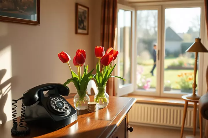 Un téléphone noir à cadran et cordon spiralé posé sur un buffet en bois près de tulipes rouges, avec un jardin ensoleillé derrière la fenêtre