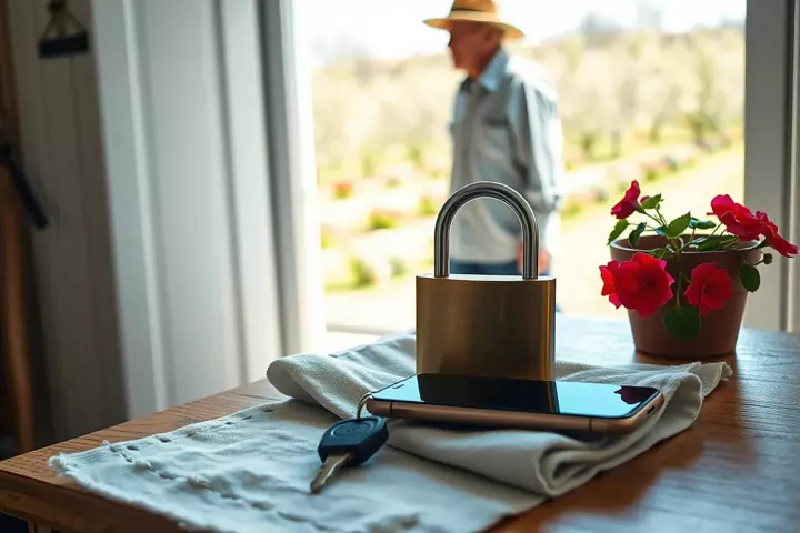Un cadenas en laiton, une clé de maison et un téléphone éteint posés sur un linge de lin, près d’un pot de géraniums rouges devant une fenêtre ensoleillée