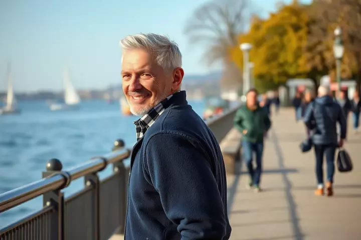 Un homme aux cheveux argentés et au sourire franc, en polaire bleu marine, se retourne sur un quai au bord de l’eau, voiliers et promeneurs flous derrière lui