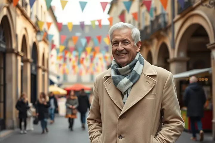 Un homme aux cheveux blancs, en long manteau beige et écharpe rayée, sourit les mains dans les poches sur une place à arcades décorée de fanions colorés