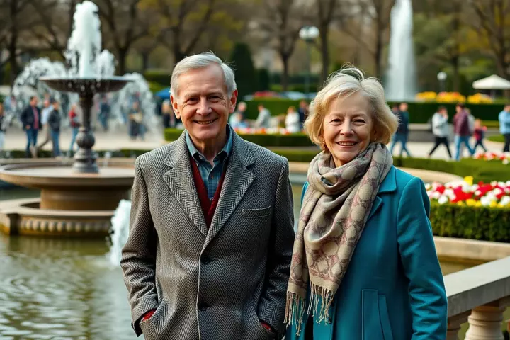Un homme en veste de tweed et une femme en manteau turquoise, d’une soixantaine d’années, sourient côte à côte devant un bassin à jet d’eau
