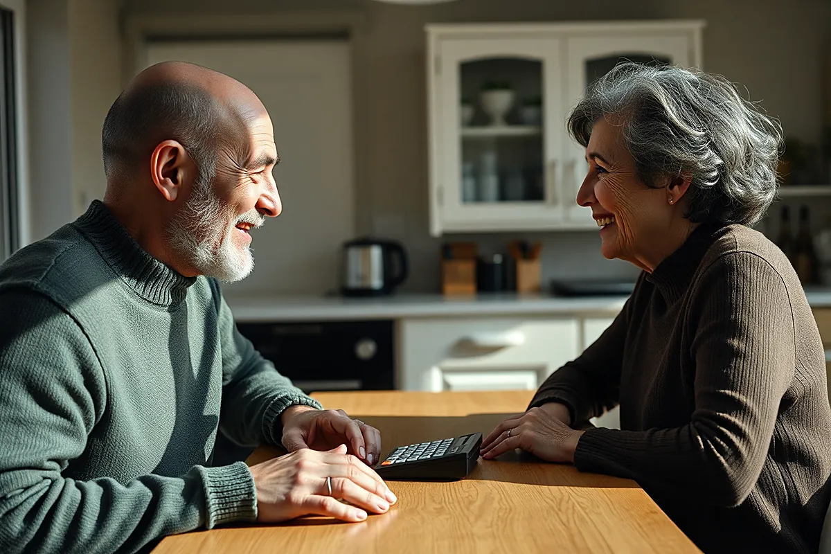Un homme chauve à la barbe grise, en pull vert, sourit à une femme aux cheveux gris ondulés, en pull brun, autour d’une table de cuisine avec une calculatrice
