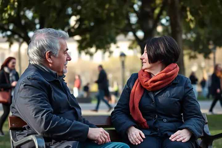 Un homme aux cheveux gris et une femme brune à l’écharpe rouille, assis face à face sur un banc de parc, se parlent avec bienveillance