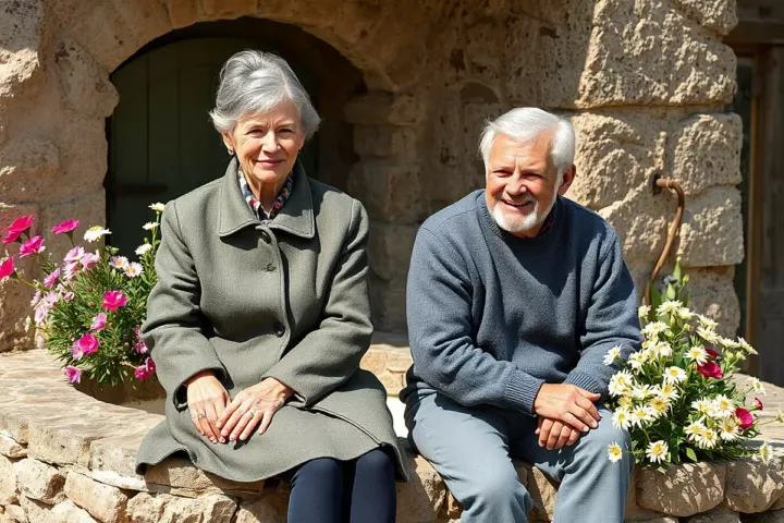 Un homme barbu en pull gris bleu et une femme aux cheveux gris en manteau vert, assis côte à côte sur un muret de pierre fleuri