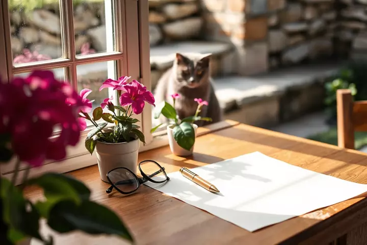 Un bureau en bois ensoleillé près d’une fenêtre, avec une feuille de papier crème, un stylo doré, des lunettes, un pot de fleurs roses et un chat gris dehors