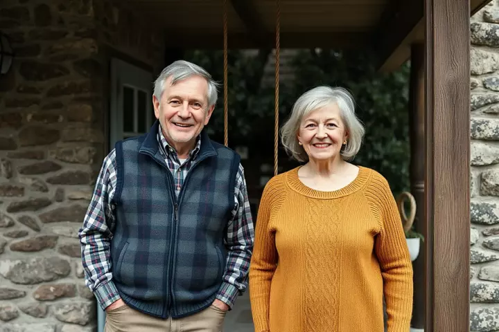 Un homme aux cheveux gris, en gilet matelassé bleu sur chemise à carreaux, et une femme aux cheveux argentés, en pull moutarde, sourient devant une maison en pierre