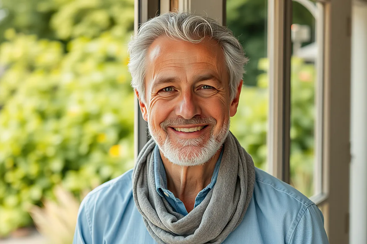 Portrait d’un homme d’une soixantaine d’années aux cheveux argentés et à la barbe courte, en chemise bleue et écharpe grise, souriant devant une fenêtre