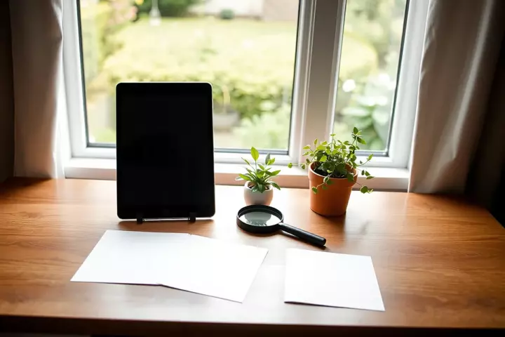 Un bureau en bois devant une fenêtre sur jardin avec une tablette noire éteinte, une loupe au manche noir, deux petites plantes et trois feuilles blanches