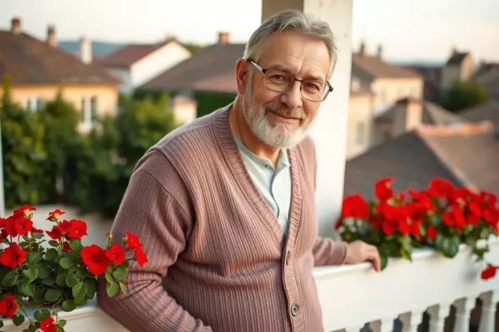 Un homme d’une soixantaine d’années à barbe grise et lunettes, en gilet mauve, sourit légèrement sur un balcon fleuri de géraniums rouges devant des toits