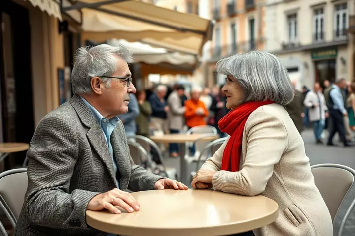 Un homme à lunettes en veste de tweed et une femme au carré argenté avec une écharpe rouge se font face à une table ronde de terrasse animée