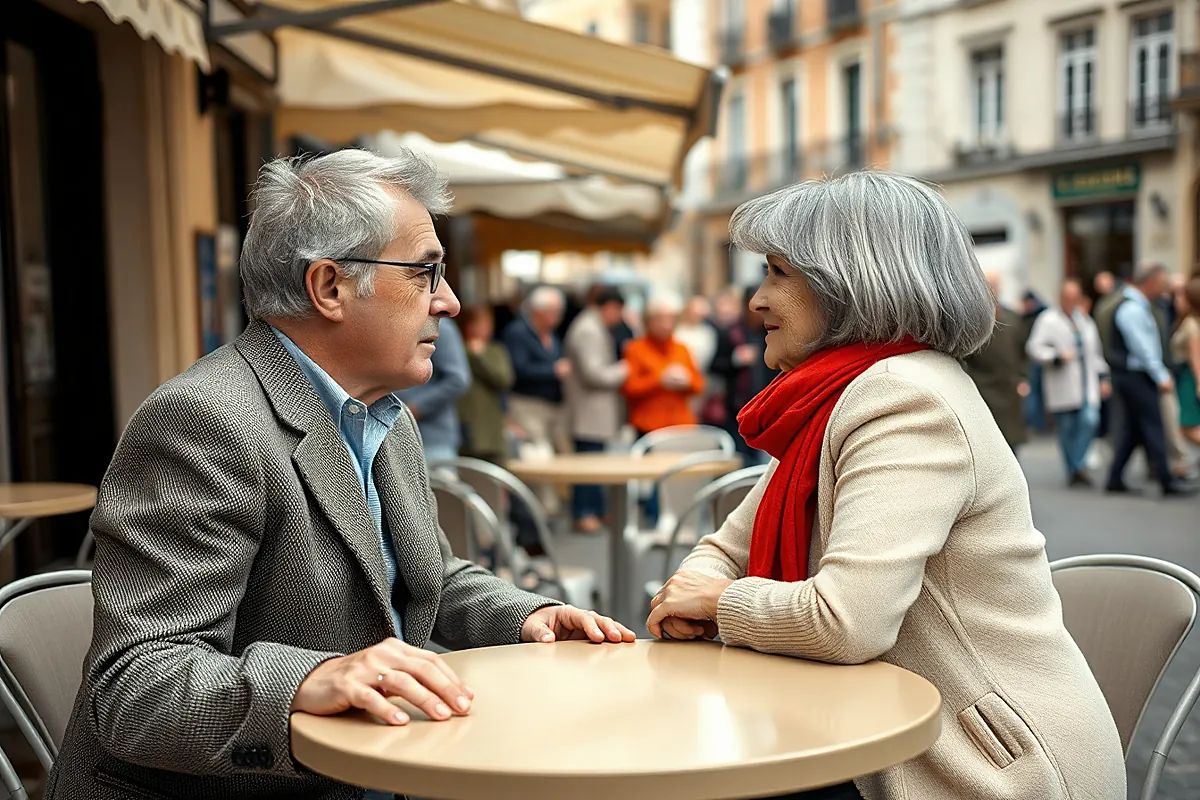 Un homme à lunettes en veste de tweed et une femme au carré argenté avec une écharpe rouge se font face à une table ronde de terrasse animée